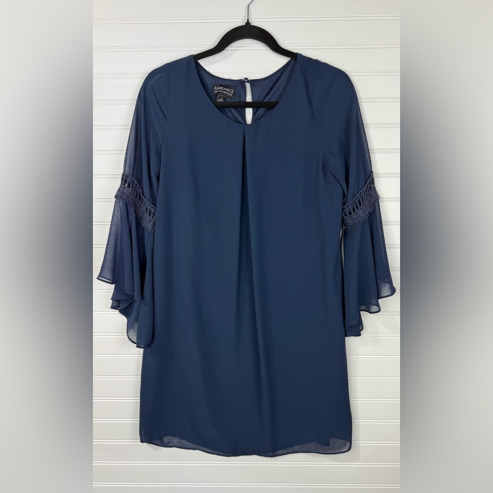 Ambiance women’s navy blue sheer sleeved tunic dress top. Size M.